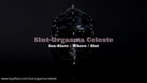 Slave Slut-Orgasma-Celeste in black latex 80cm anal insertion and  canine dildo