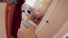 Boyfriend watches busty MILF shower and gets lucky with big cock