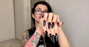 Finger snapping with black long nails, long fingers and PVC dress on my, glasses too