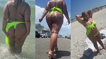 Juicy Big Booty BBW With Thick Legs At The Beach in See Through Sheer Top - Big Areolas - Heels