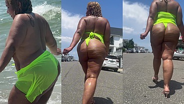 Juicy Big Booty BBW With Thick Legs At The Beach in See Through Sheer Top - Big Areolas - Heels
