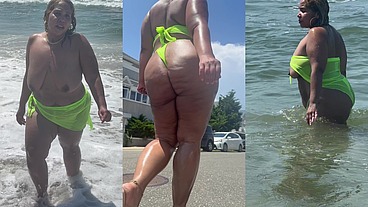 Juicy Big Booty BBW With Thick Legs At The Beach in See Through Sheer Top - Big Areolas - Heels