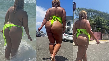 Juicy Big Booty BBW With Thick Legs At The Beach in See Through Sheer Top - Big Areolas - Heels