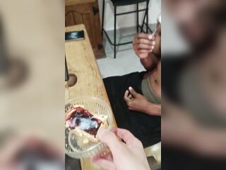 Eating cheesecake with cum