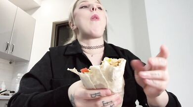 Hot blonde belly stuffing until it bursts and she can't stop