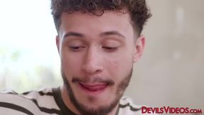 Watch Lexi Smith, my mother-in-law, stroke my dick with her bouncy tits while I finger her pussy and lick her cum-