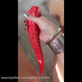 I'm in the tub, have a 60cm long soft toy and push it into my extremely pierced pussy