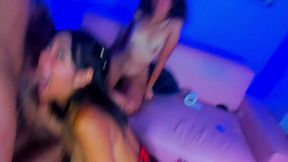 step sisters fucking with huge strap on dildo in group sex!!!