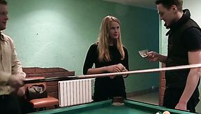 Trashy nympho in black stockings gets fucked on the billiard table