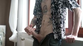 Edging Myself at the Window - Noisy Yelling Climax with Massive Jizz flow