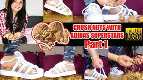 Sexy girl crushes Part1 HD Here I crush a lot of hard walnuts barefoot in my transparent Adidas Superstars crushing crush nuts sweaty feet barefoot