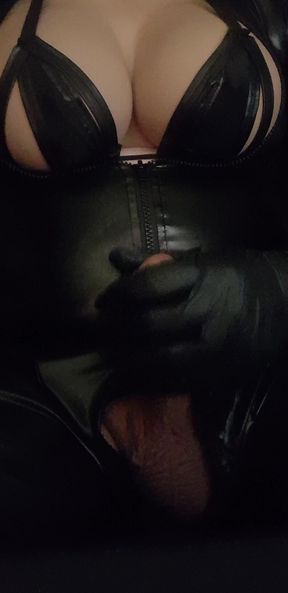 Cumshot While Wearing Boobs and Latex Catsuit