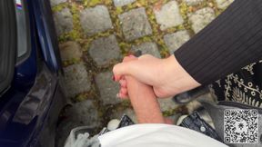 Public Parking Lot Handjob Next to Stranger and Bus Cum Finish
