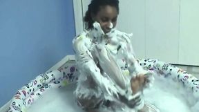 A pool of whipped cream and frostie for petite ebony hottie