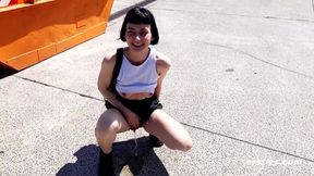 Naughty Delfine strips down & flaunts her natural tits in public for risky masturbation and public pee play
