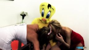 Costumed stud screws two naughty&#x1F608; ladies at once &mdash;  getting his groove on