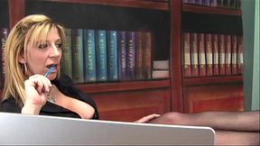 Next, she bends over the desk and he licks her muff before pounding his pole into her...