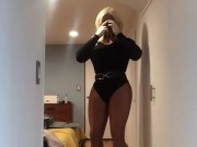 Blair's striptease (trans, crossdress, strip, female mask, wig, pantyhose, tight dress, mask, heels)