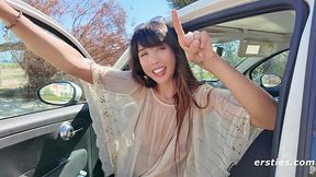 Slim Asian Exhibitionist Walks and Fucks Herself with Dildo