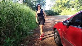 Kendra Pedal Pumping in sexy Dress and Red High Heels