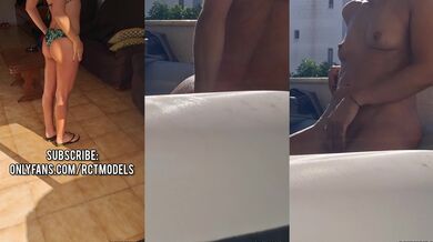 Beautiful girl undresses on a balcony and touches her pussy in a Jacuzzi inside water while being watched