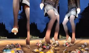 Japanese femboy crushed under leather shorts stomping high heels