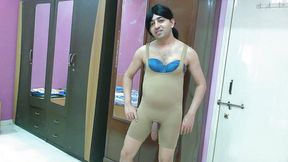 Sweet sissy crossdresser Sweet Lollipop in a Nude shapewear with open Dick.