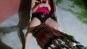 Distracted stepmother doesn't notice her pussy outside her shorts while she's in the hammock and makes me have an erection!