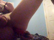 Maid trap fucks self with dildo