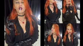 Kissing a long cigarette, black leather gloves