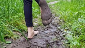 Lost shoes and dirty nylon feet, walking barefoot in mud, muddy feet, dirty nylon feet, muddy nylon feet, wrecked nylon