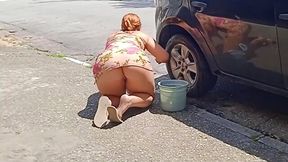 Busty Babe Cleans Car Topless and Pantless, Flaunting for Voyeurs