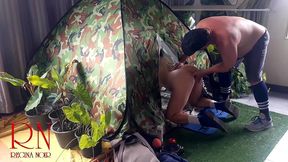 sex in camp. a stranger fucks a nudist lady in her mouin a camping in nature.