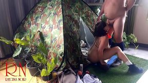 sex in camp. a stranger fucks a nudist lady in her mouin a camping in nature.