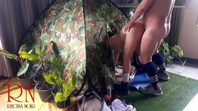 sex in camp. a stranger fucks a nudist lady in her mouin a camping in nature.
