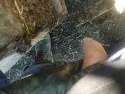 Pov lad unzips and flops it out to take a yellow piss next to muddy tire