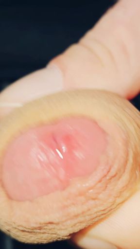 Horny uncut guy playing with long foreskin again precum and cum
