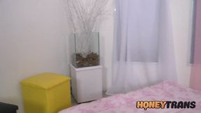 Busty latina shemale Thalyta Souza toys ass and masturbates