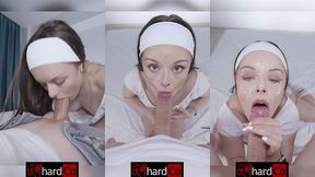 amateur bj pov - cute brunette with green eyes sucking cock gets a big facial