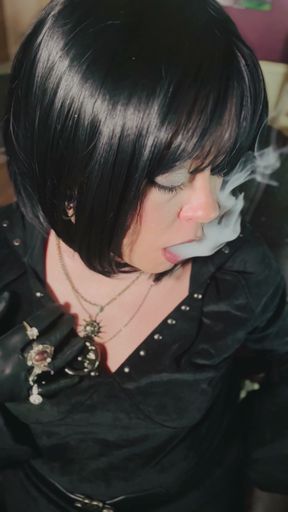 10 Rings Over My Leather Gloves! Smoking Miss Tina Snua Enjoy A cigarette With You   Clip 1
