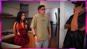 Nerd cuckold watches as his beautiful wife pays her debt with her pussy