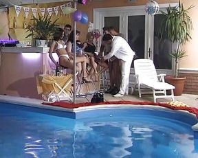 Three Sexy German Chicks and Four Hard and Loaded Cocks Having Some Fun Near the Pool