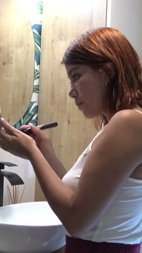 Hot sexy tight pussy redhead girlfriend in the bathroom no panties tases in a miniskirt   Clip 1