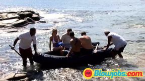 Blonde with small tits enjoys anal group sex at the beach