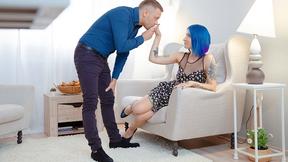 ”Blue-haired babe enjoys cock on floor”