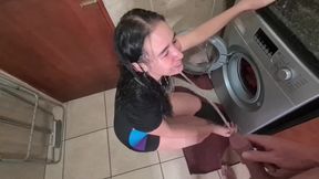 Teen GF gets a surprise piss from her bf while doing laundry