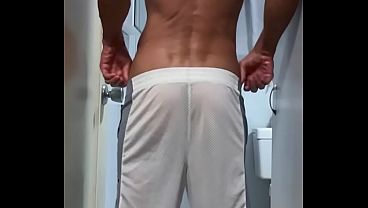 sixpac714 freeballing bulge in white mesh gym shorts