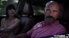 Horny big cock stepdad pounds his stepsons hairy teen GF in the car