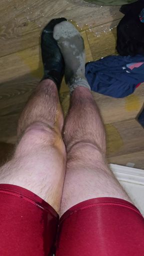 POV desperate accident in red boxers, drenching my wool socks, and standing in the puddle