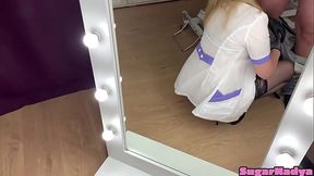 Mistress SugarNadya jerks off her client'_s big dick and tastes his cum